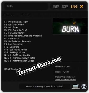 Трейнер для BURN [v1.0.8]