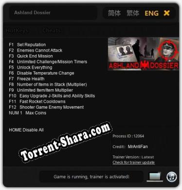 Трейнер для Ashland Dossier [v1.0.5]