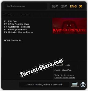 Bartholomew.exe: Трейнер +5 [v1.7]