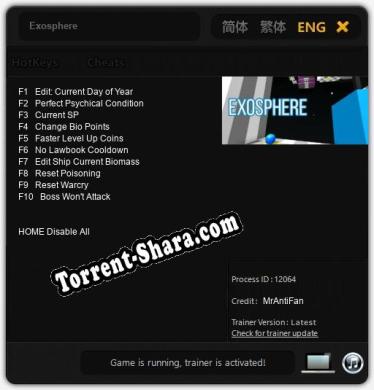Трейнер для Exosphere [v1.0.6]