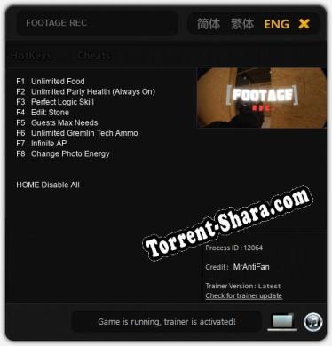 Трейнер для FOOTAGE REC [v1.0.1]