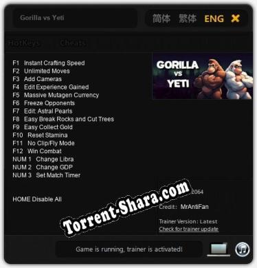 Gorilla vs Yeti: Трейнер +15 [v1.4]
