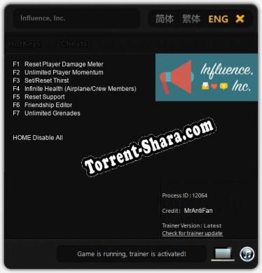 Трейнер для Influence, Inc. [v1.0.7]