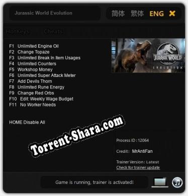 Jurassic World Evolution: ТРЕЙНЕР И ЧИТЫ (V1.0.11)
