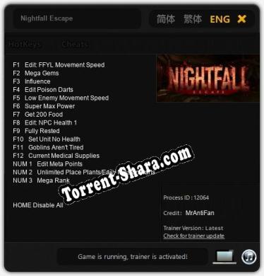 Трейнер для Nightfall Escape [v1.0.4]