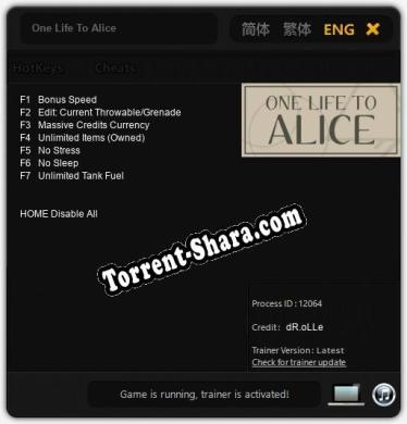 One Life To Alice: Трейнер +7 [v1.2]