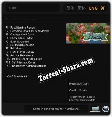 Трейнер для Plebs [v1.0.7]