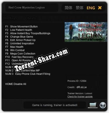 Трейнер для Red Crow Mysteries Legion [v1.0.5]
