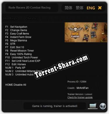Трейнер для Rude Racers 2D Combat Racing [v1.0.7]