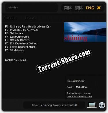 shining: Трейнер +8 [v1.6]