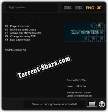 Трейнер для Sigformation [v1.0.7]