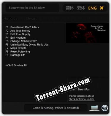 Трейнер для Somewhere in the Shadow [v1.0.1]