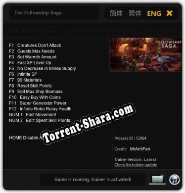 Трейнер для The Fellowship Saga [v1.0.6]