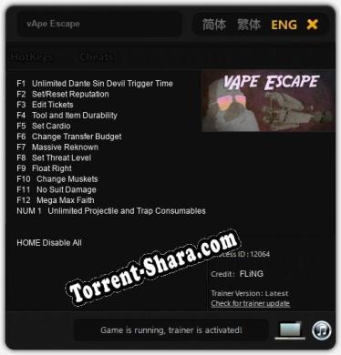 Трейнер для vApe Escape [v1.0.8]