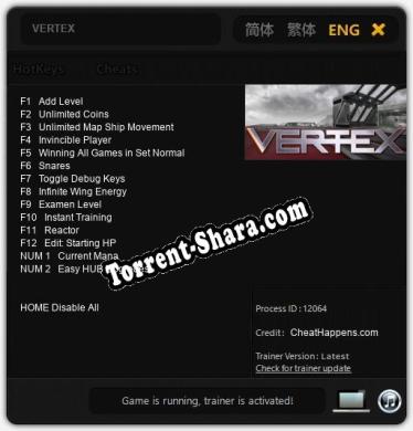 Трейнер для VERTEX [v1.0.9]