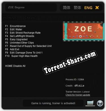 Трейнер для ZOE Begone [v1.0.8]